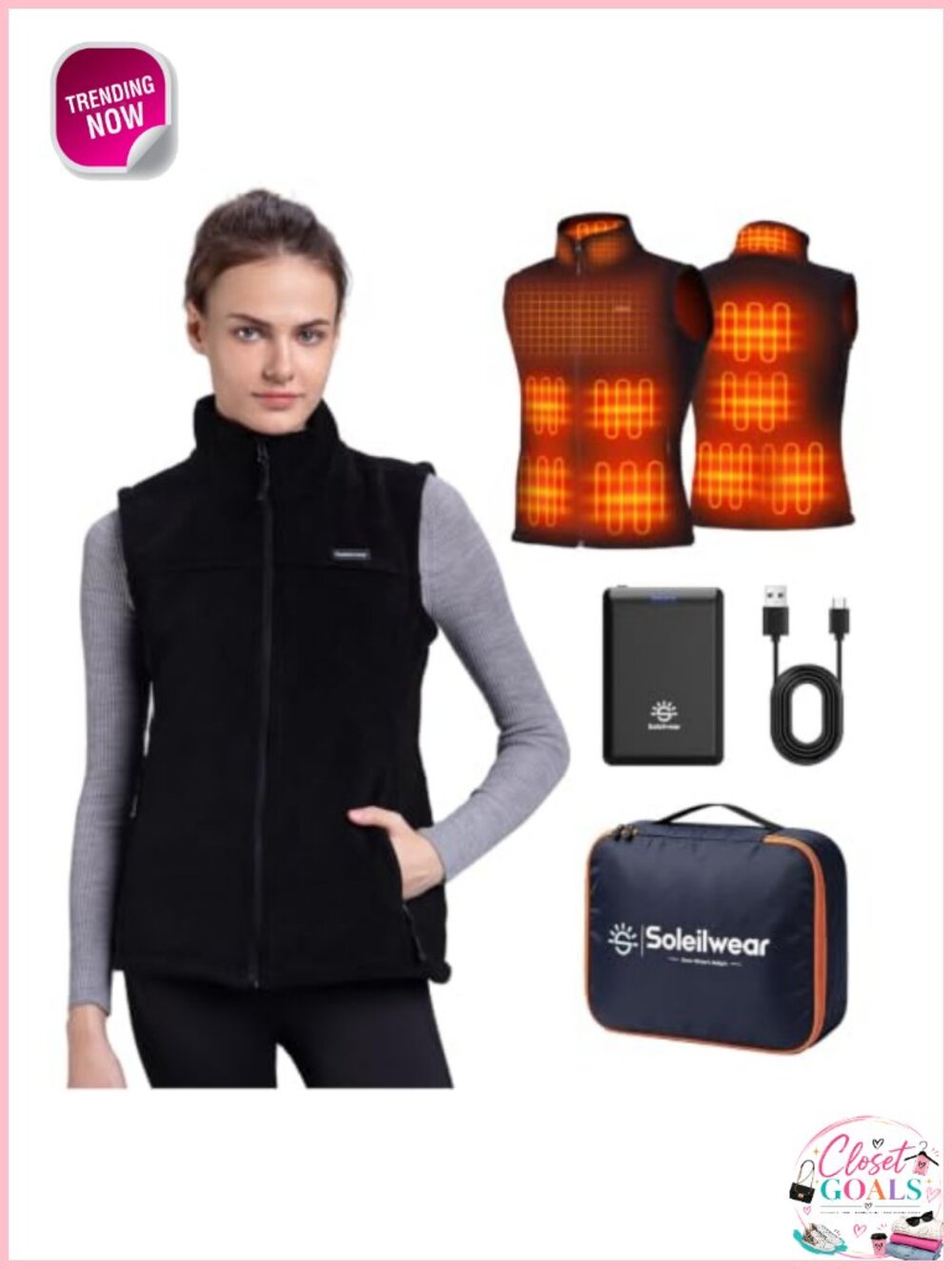 Soleilwear Heated Fleece Vest with Battery 9-Zone Women's Winter